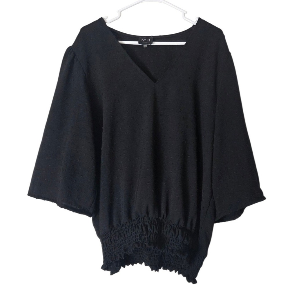 Swiss Dot Textured 3/4 Sleeve Pullover‎ Black Blouse Top Smocked Elastic Waist